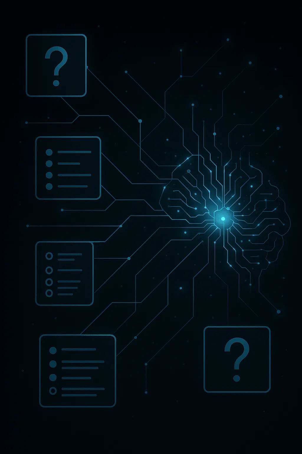 Adaptive learning paths with floating question cards and a brain