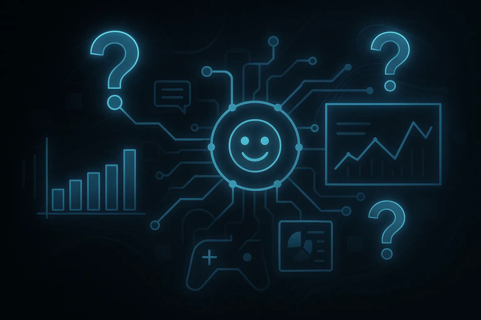 Charts, graphs and feedback icons connected by circuits